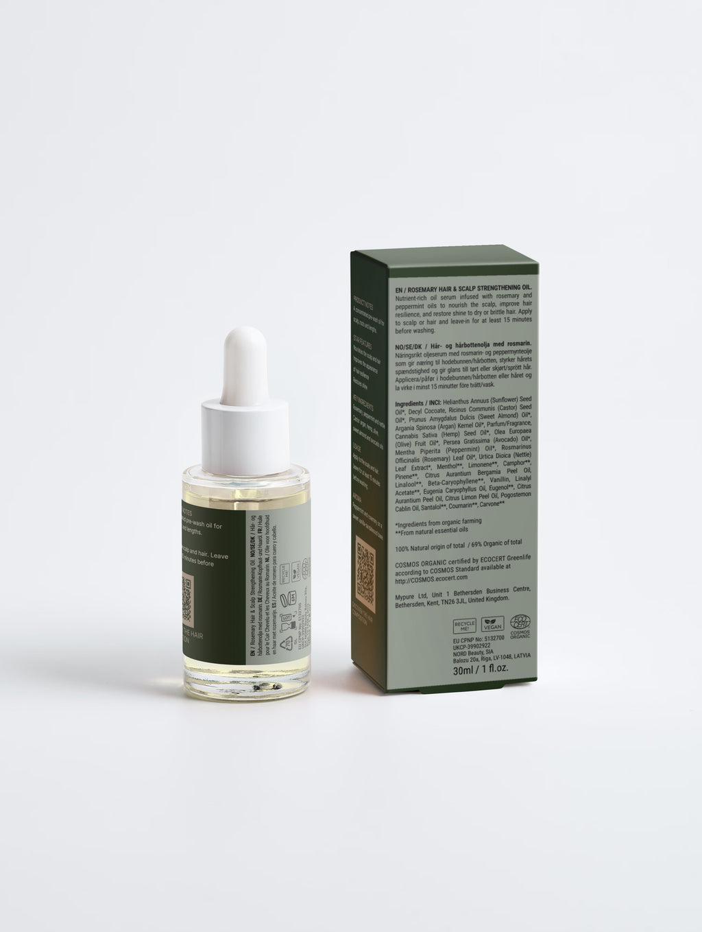 Rosemary Hair & Scalp Strengthening Oil bottle and carton, back view showing ingredients and directions — SEV Apothecary