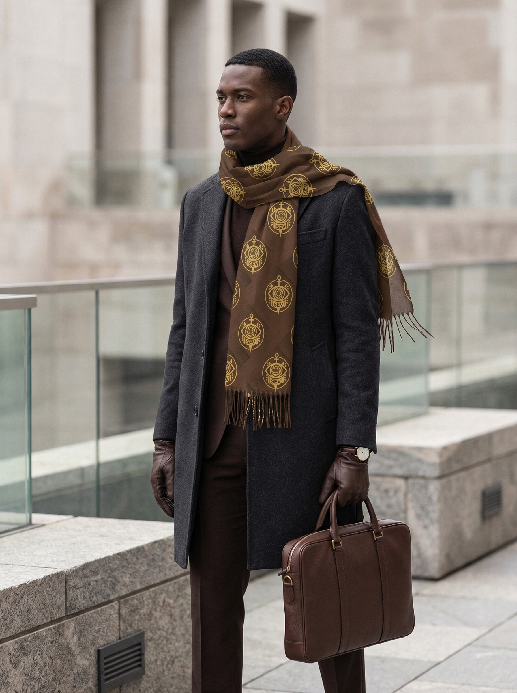 Heritage Brown Scarf — SEV Chevron Monogram — alternate view 2 of 5
