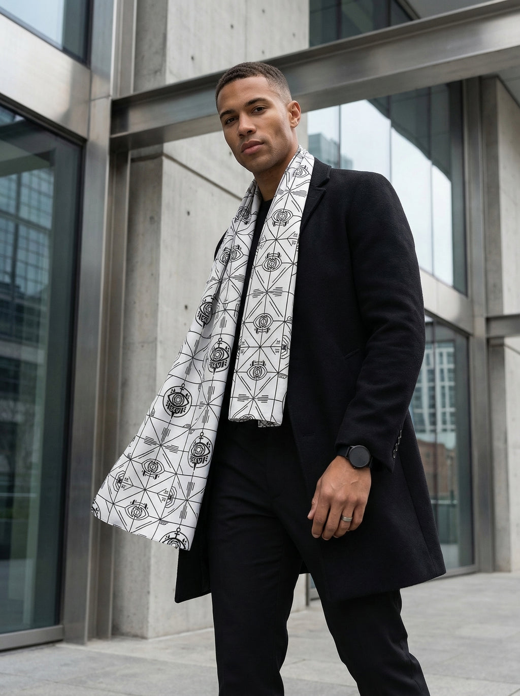Precision Mono Black Scarf — SEV Minimal Line (Radial Grid) — alternate view 1 of 4