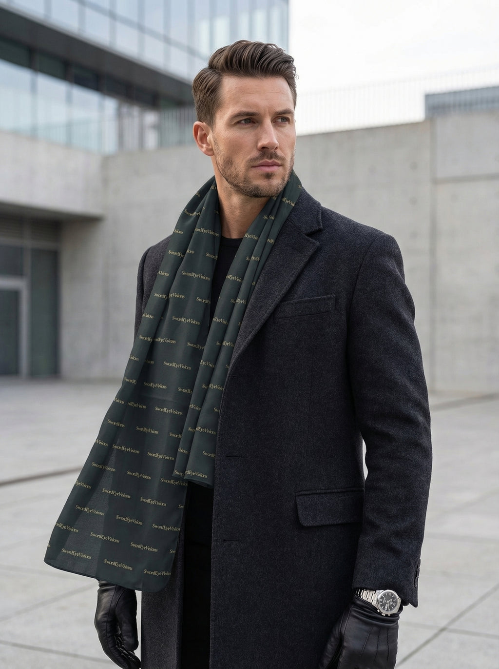 Noir Graphite Gold Scarf — SEV Wordmark Pattern — alternate view 1 of 5