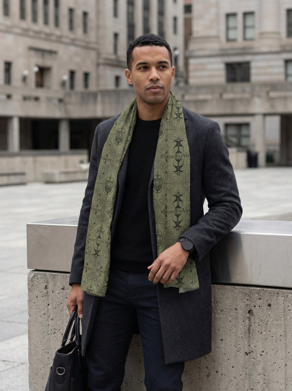 Utility Olive Noir Scarf — SEV Overlaid Interlock Pattern — alternate view 1 of 6