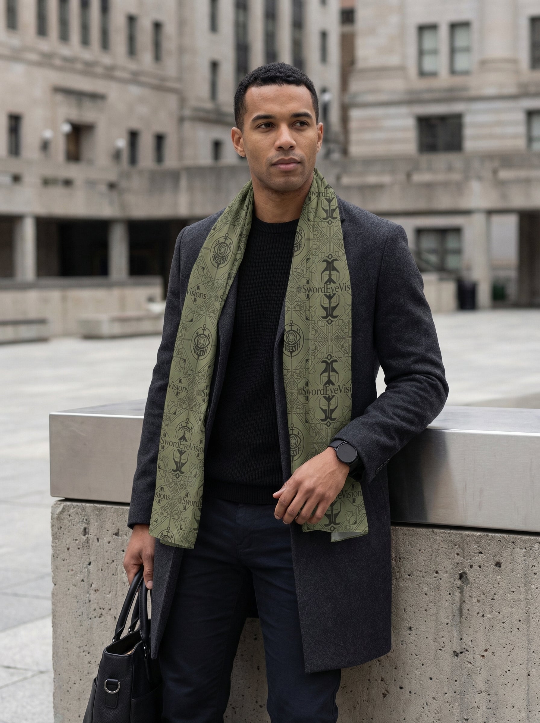 Utility Olive Noir Scarf — SEV Overlaid Interlock Pattern — alternate view 1 of 6