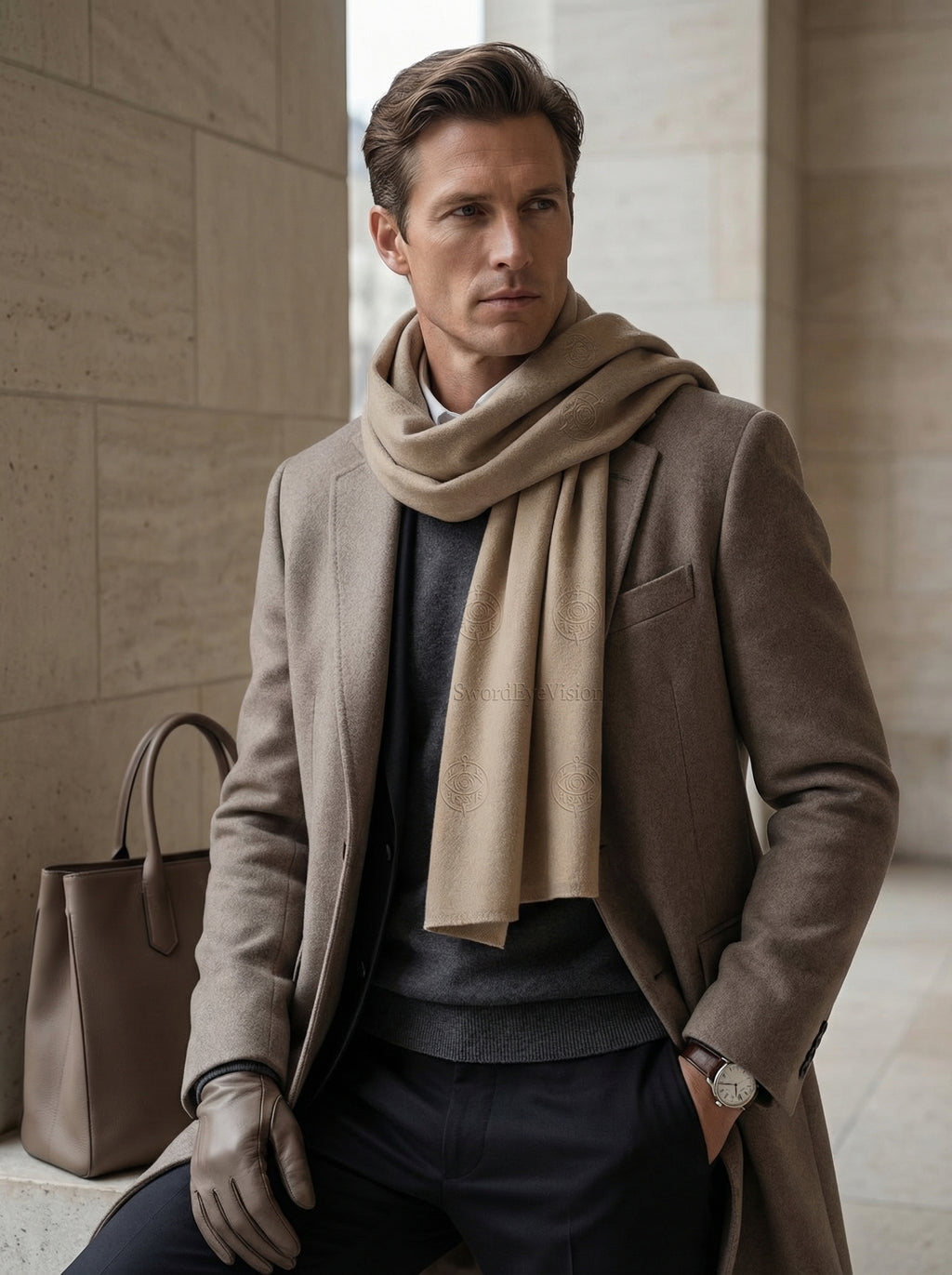 Refined Taupe Neutral Scarf — SEV Raised Relief Pattern — alternate view 1 of 6