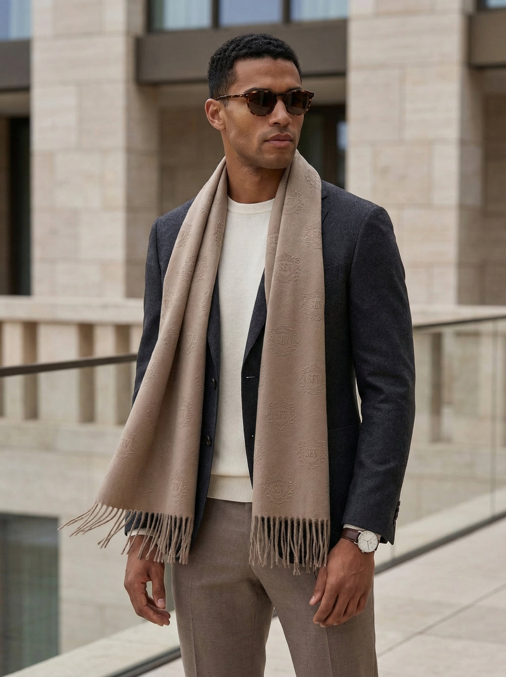 Refined Taupe Neutral Scarf — SEV Raised Relief V3 Pattern — alternate view 2 of 6