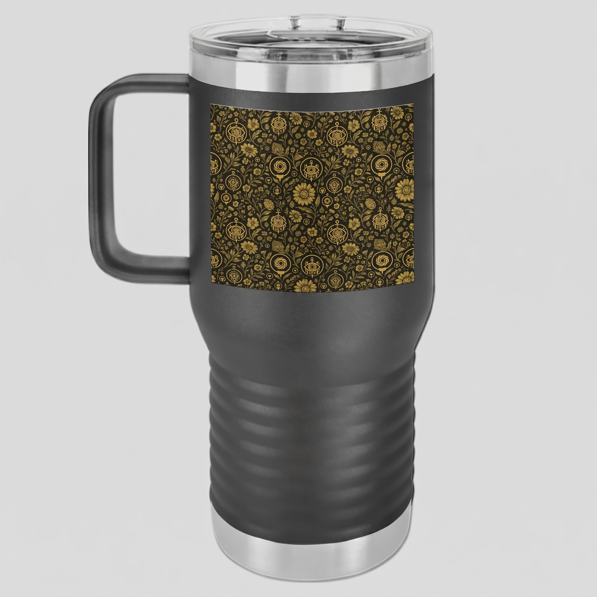 SEV TRAVEL MUG WITH HANDLE — NOIR GRAPHITE WARM GOLD FLORAL — alternate view 1 of 7