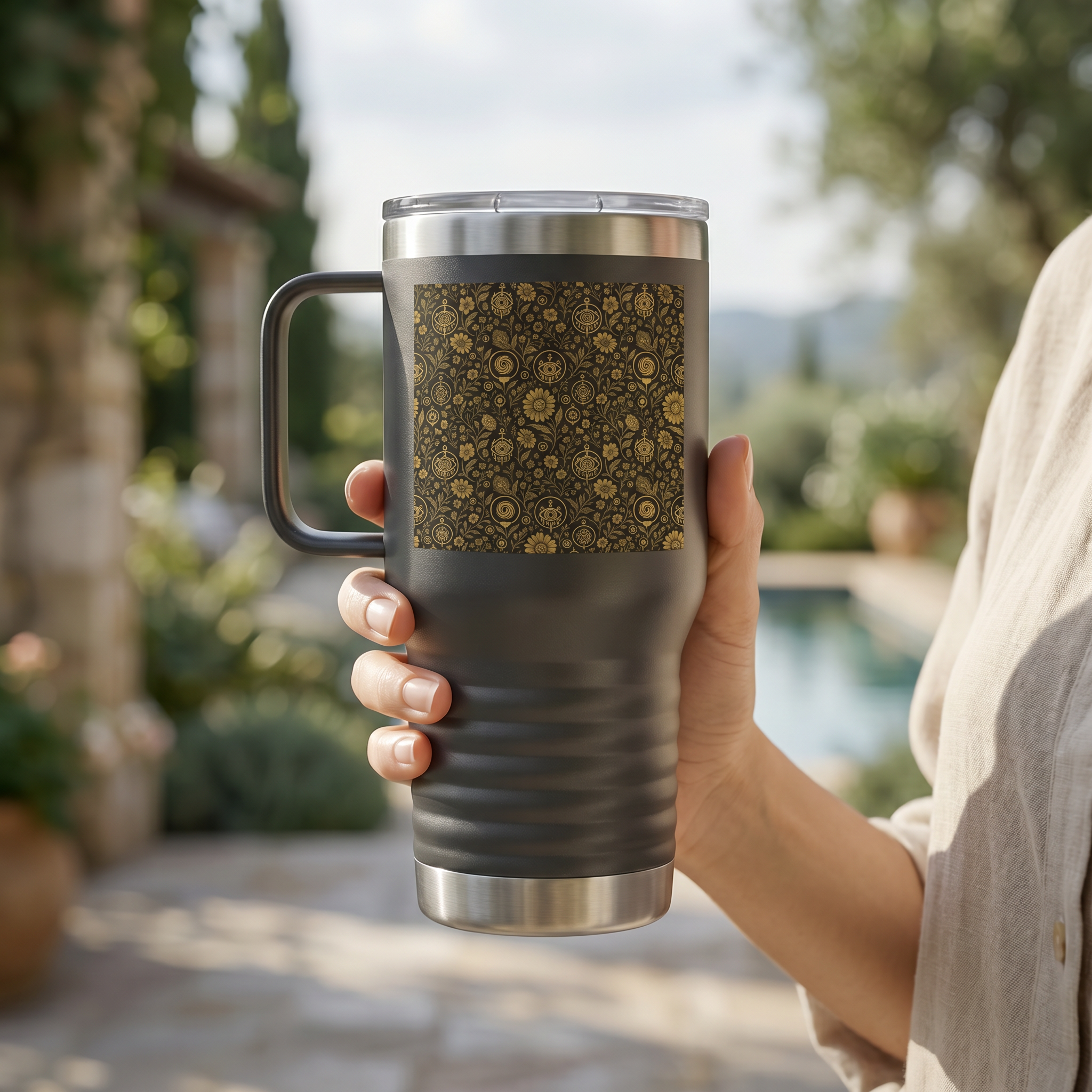 SEV TRAVEL MUG WITH HANDLE — NOIR GRAPHITE WARM GOLD FLORAL — alternate view 7 of 7