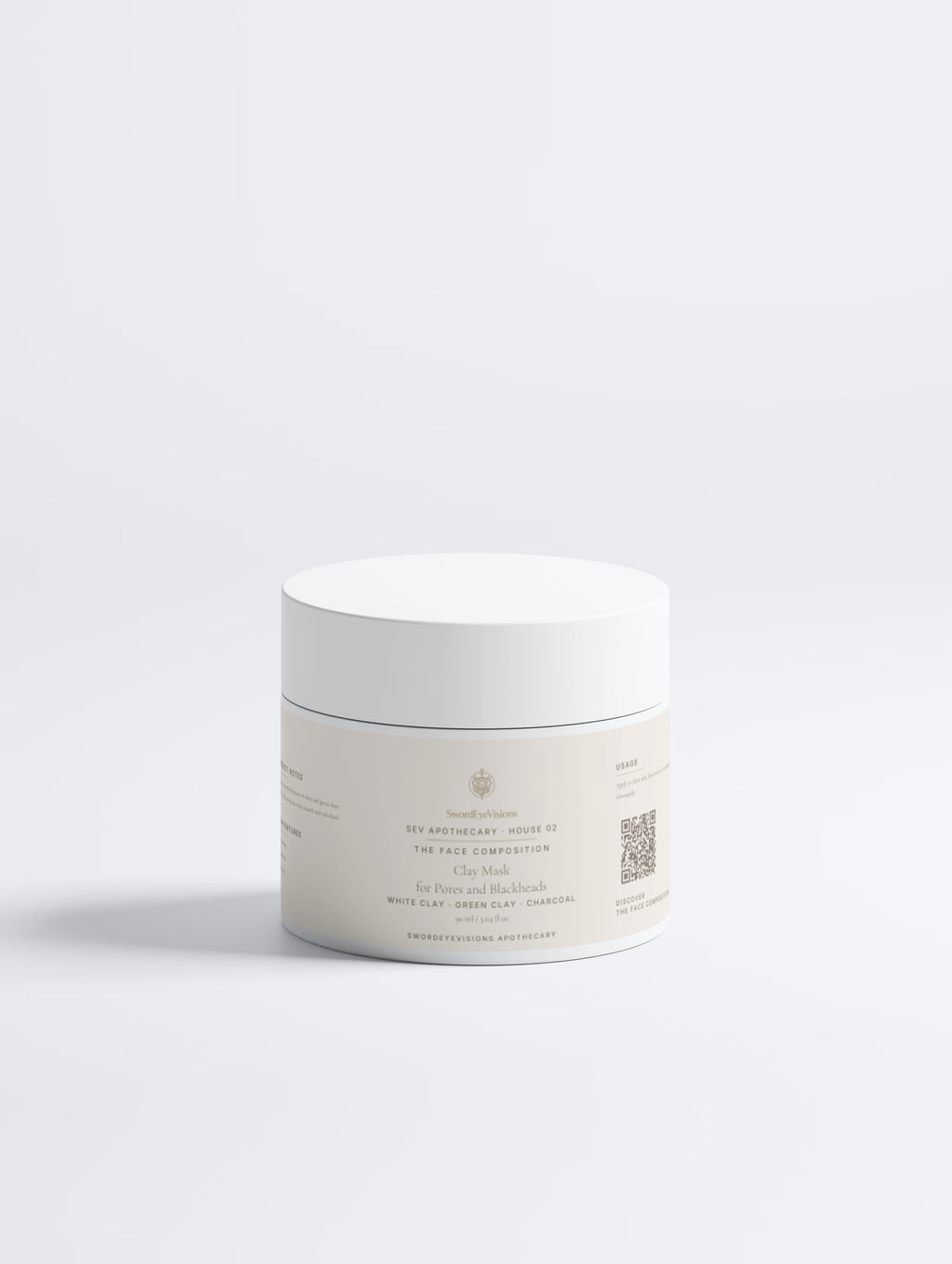 Clay Mask for Pores and Blackheads 90 ml jar, front view with the SEV identity — SEV Apothecary, The Face Composition