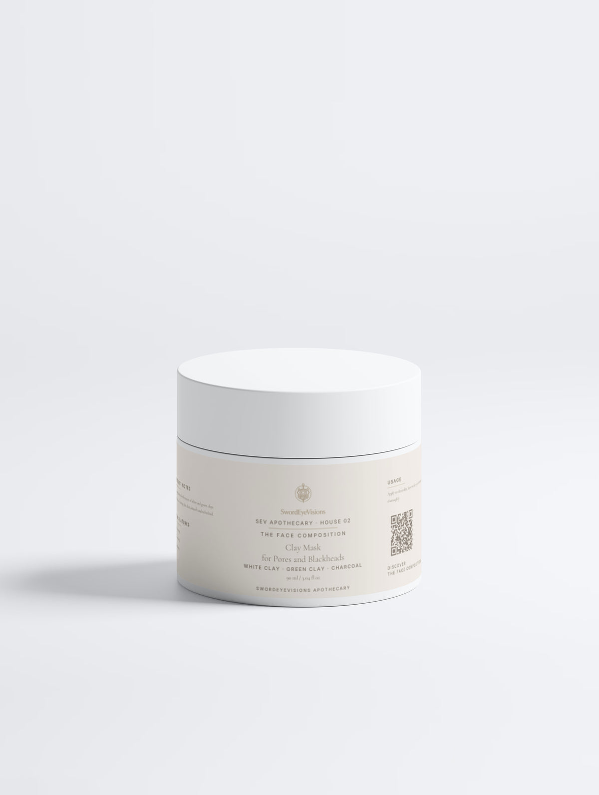 Clay Mask for Pores and Blackheads 90 ml jar, front view with the SEV identity — SEV Apothecary, The Face Composition