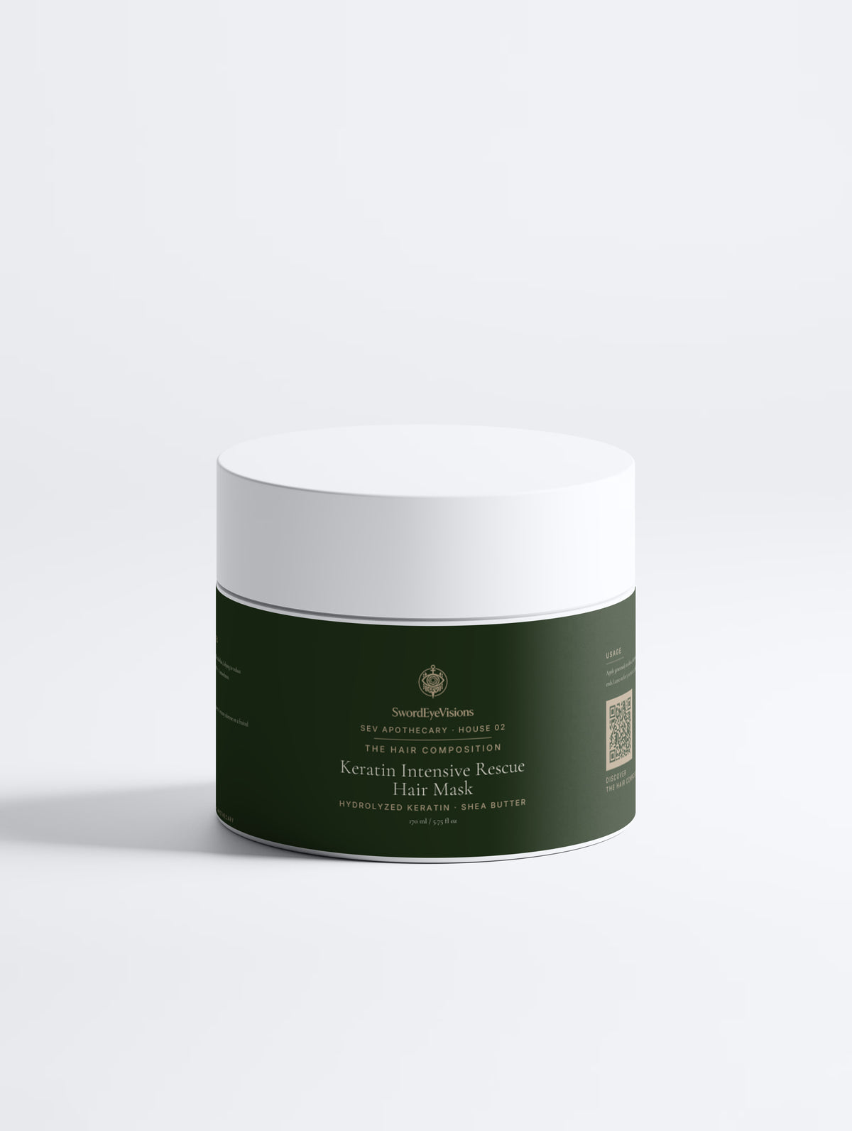 Keratin Intensive Rescue Hair Mask 170 ml jar, front view with the SEV identity — SEV Apothecary, The Hair Composition