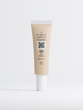 SEV Makeup Foundation with Peptides in shade 05 Fair Neutral: a 30 ml squeeze tube tinted to the fair shade with a white cap, carrying the Complexion ten-position shade index and a QR code on a light tile.