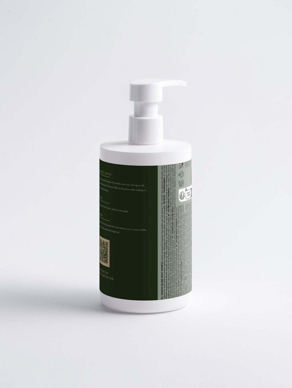 Keratin Volume Boost Shampoo — 390 ml bottle shown closer, with the product name and antique brass lettering visible on the label.