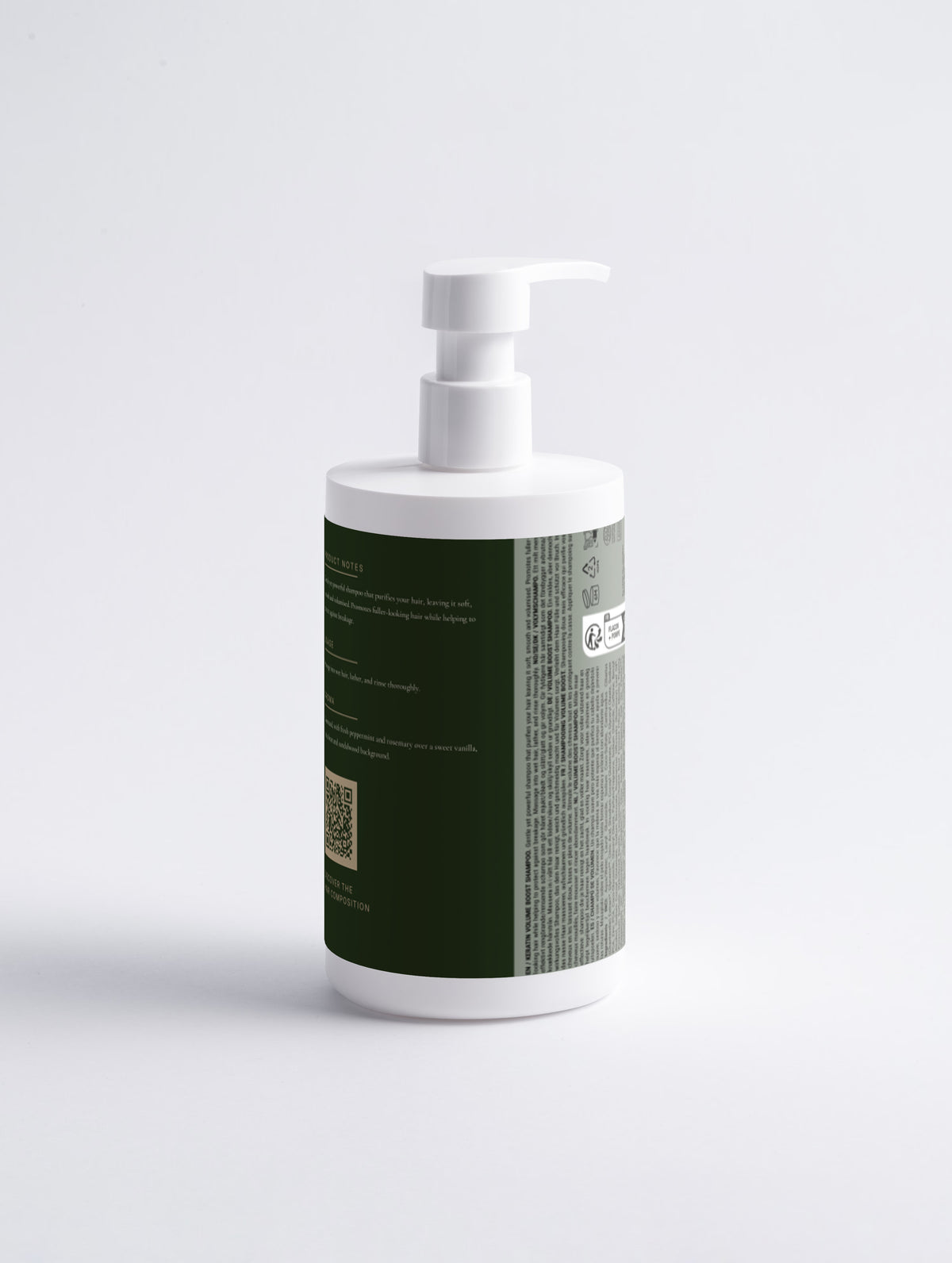 Keratin Volume Boost Shampoo — 390 ml bottle shown closer, with the product name and antique brass lettering visible on the label.