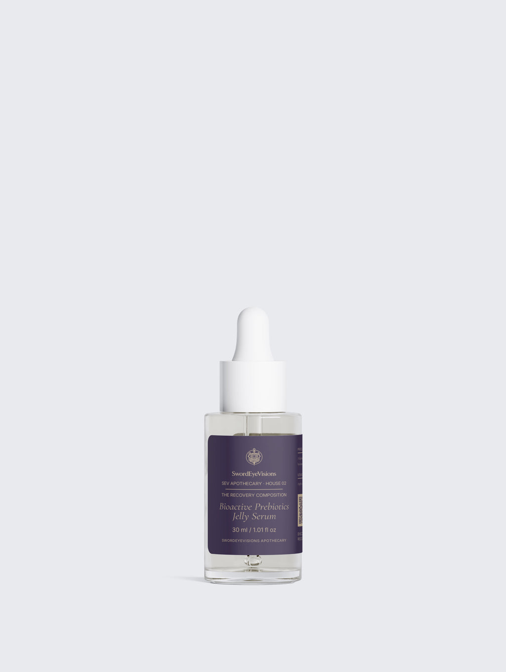 Bioactive Prebiotics Jelly Serum — 30 ml glass dropper bottle with the deep aubergine label and antique brass lettering.