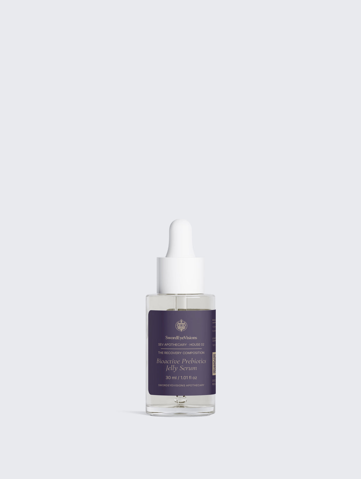Bioactive Prebiotics Jelly Serum — 30 ml glass dropper bottle with the deep aubergine label and antique brass lettering.