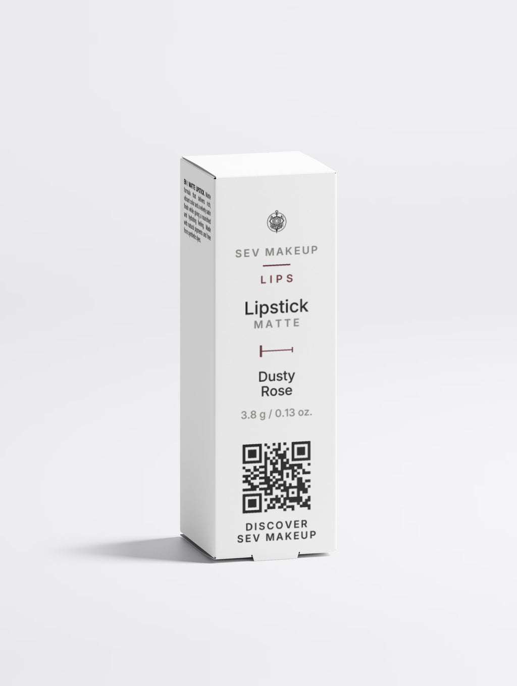 Front of the SEV Makeup Lipstick carton, reading LIPS, Lipstick, Matte, Dusty Rose, with the oxblood two-position index and a QR code captioned DISCOVER SEV MAKEUP.