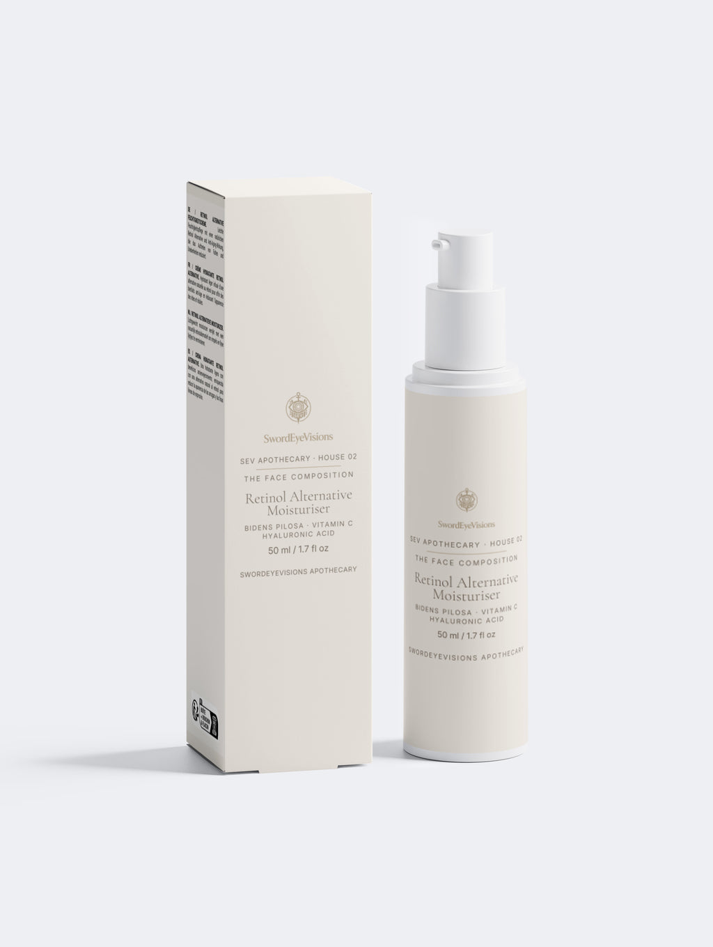 Retinol Alternative Moisturiser — 50 ml SEV Apothecary pump bottle beside its cream carton, both front-facing, showing the SwordEyeVisions sigil above The Face Composition.