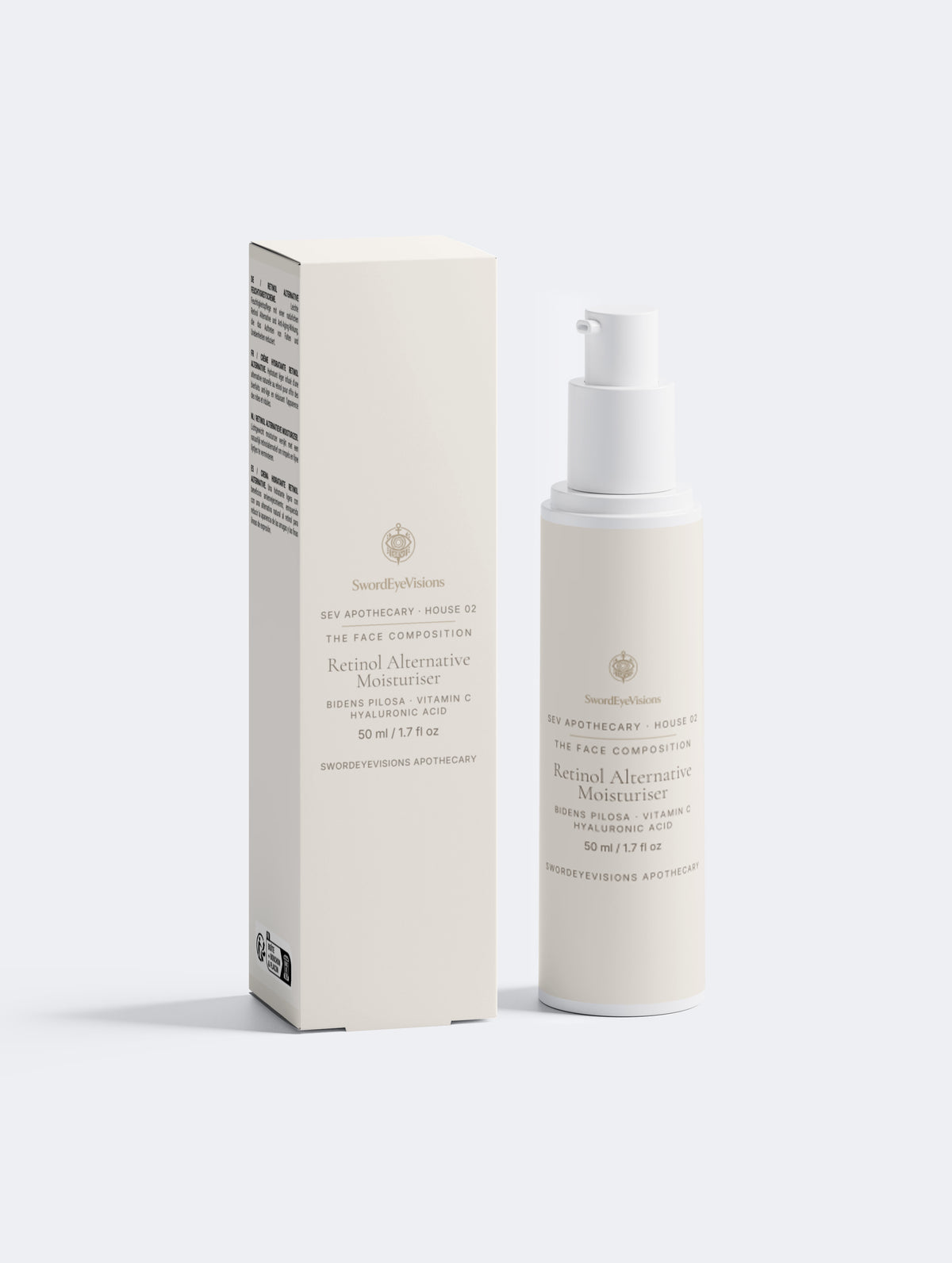 Retinol Alternative Moisturiser — 50 ml SEV Apothecary pump bottle beside its cream carton, both front-facing, showing the SwordEyeVisions sigil above The Face Composition.