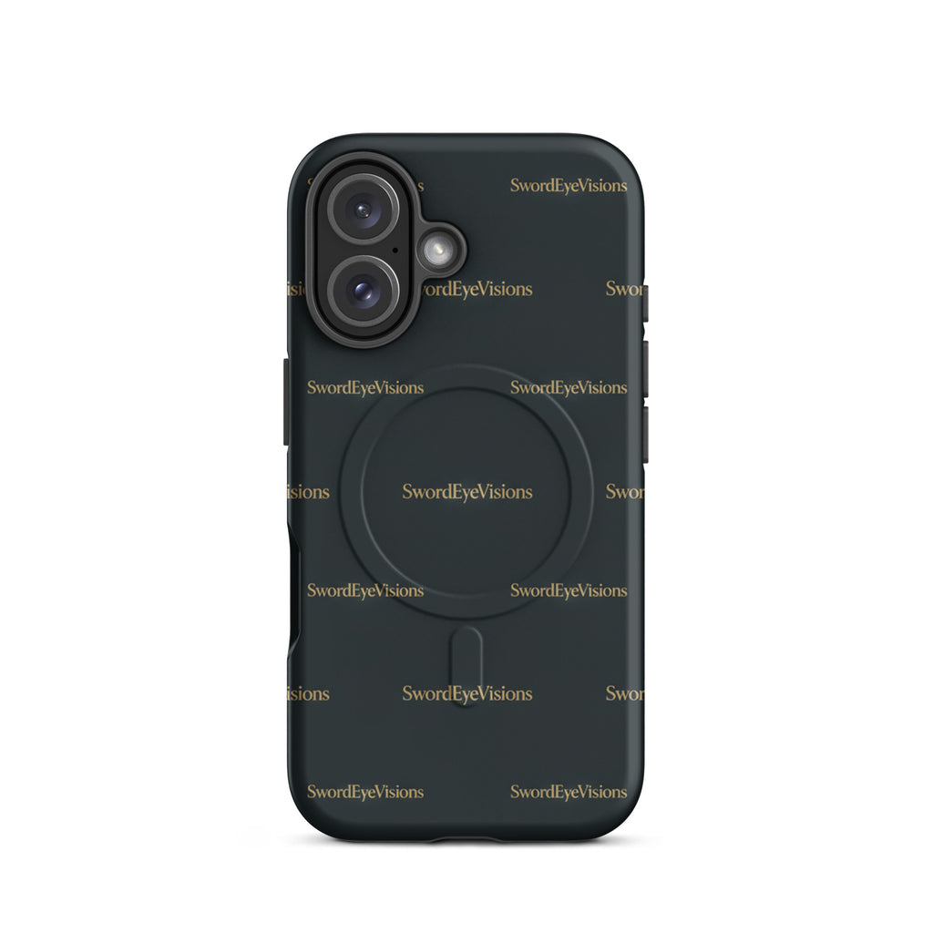 SEV Signature Pattern MagSafe Tough Case in Noir Graphite Gold, matte iPhone 16, back view showing camera opening