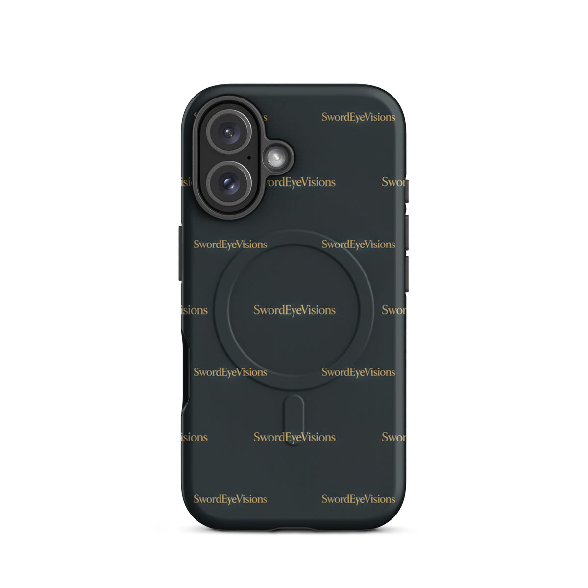 SEV Signature Pattern MagSafe Tough Case in Noir Graphite Gold, matte iPhone 16, back view showing camera opening