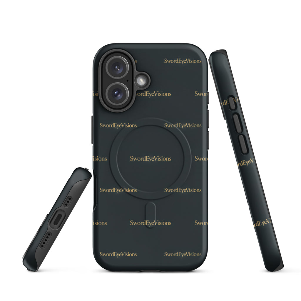 SEV Signature Pattern MagSafe Tough Case in Noir Graphite Gold, matte iPhone 16, angled view showing side profile
