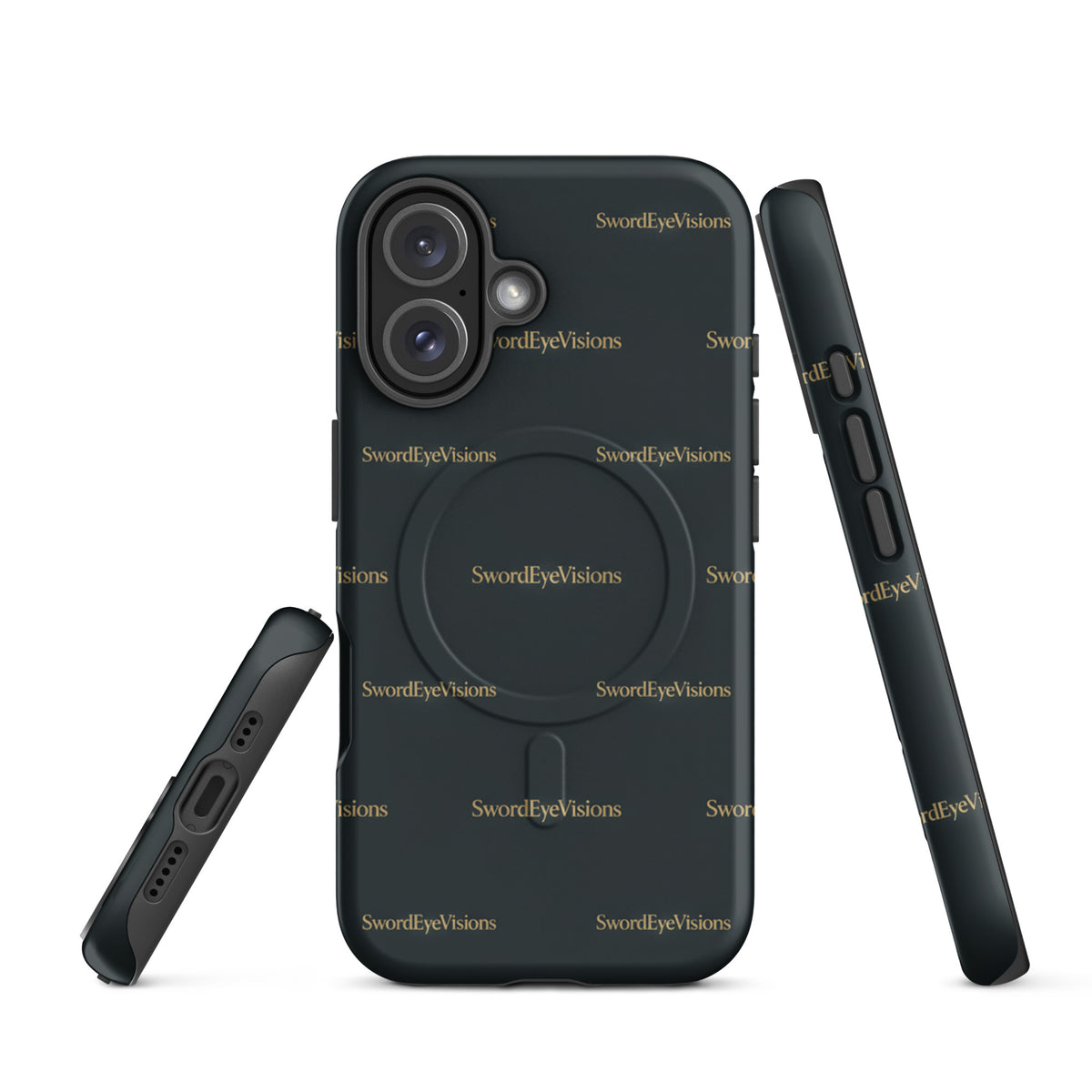 SEV Signature Pattern MagSafe Tough Case in Noir Graphite Gold, matte iPhone 16, angled view showing side profile