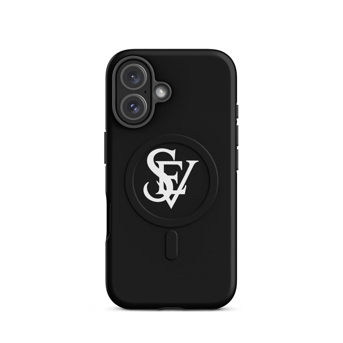 SEV Monogram MagSafe Tough Case — Noir, matte iPhone 16, back view showing camera opening
