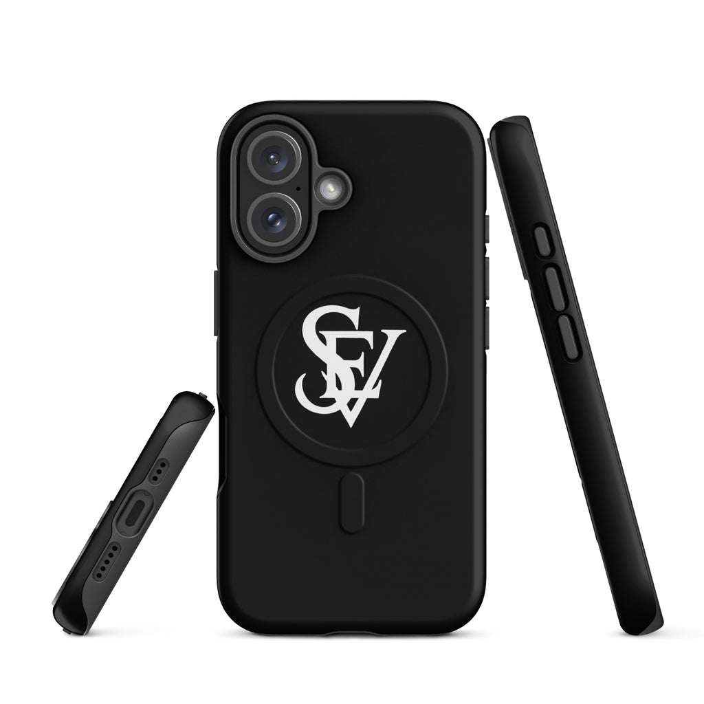 SEV Monogram MagSafe Tough Case — Noir, matte iPhone 16, angled view showing side profile