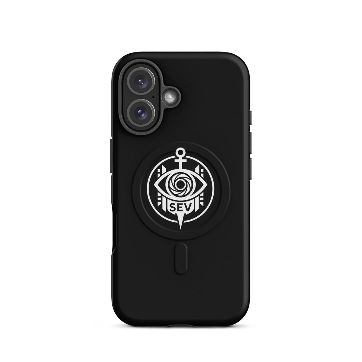 SEV Sigil MagSafe Tough Case — Noir, matte iPhone 16, back view showing camera opening