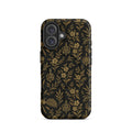 SEV Botanical MagSafe Tough Case — True Noir Rich Gold, matte iPhone 16, back view showing camera opening
