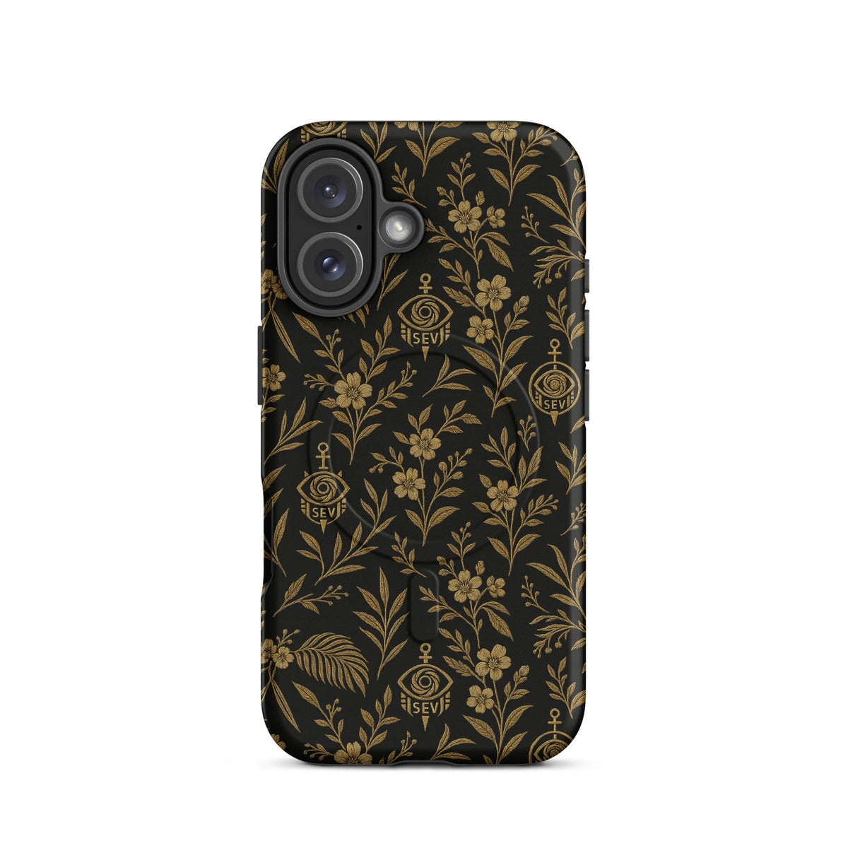 SEV Botanical MagSafe Tough Case — True Noir Rich Gold, matte iPhone 16, back view showing camera opening