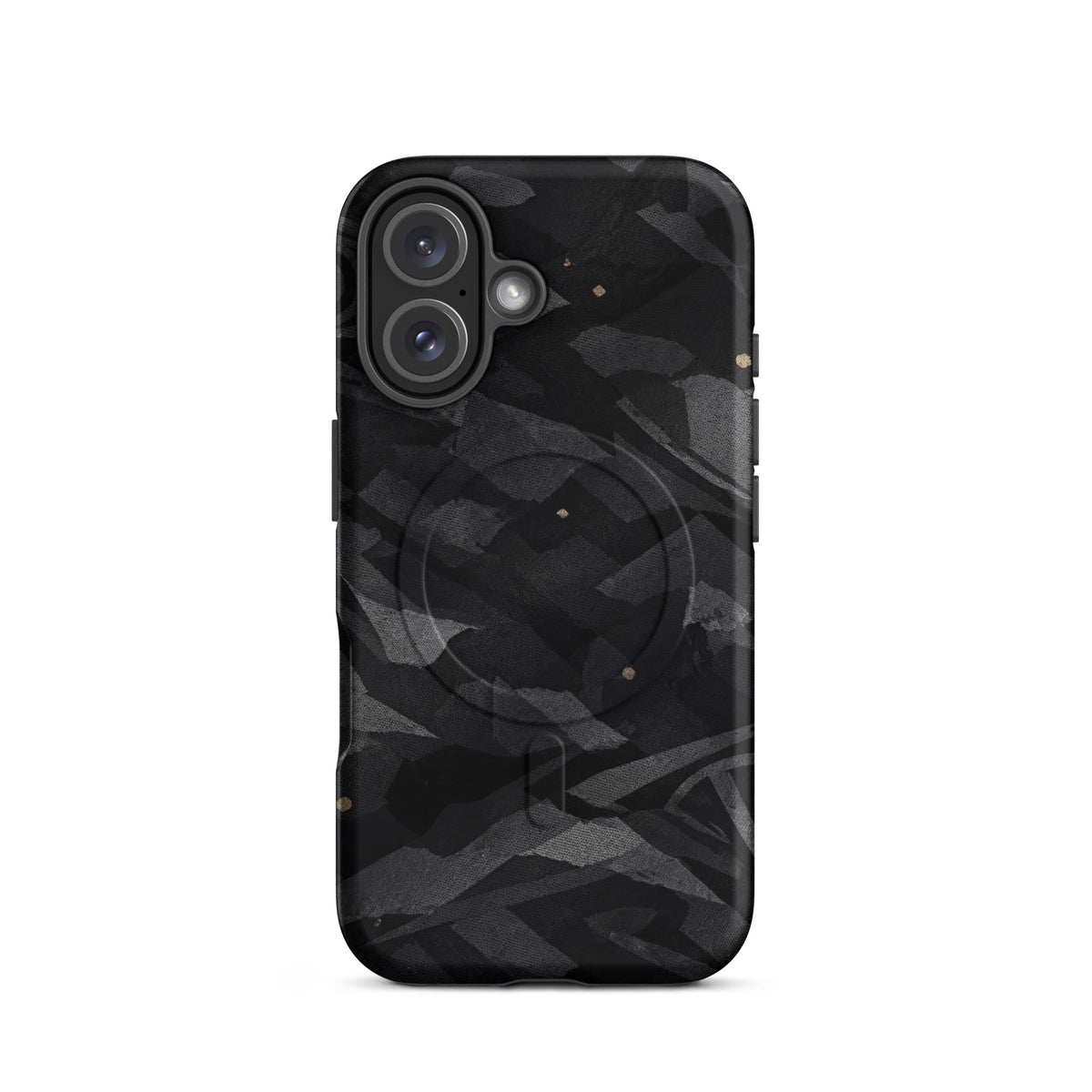 SEV Camouflage MagSafe Tough Case — Noir Obsidian, matte iPhone 16, back view showing camera opening