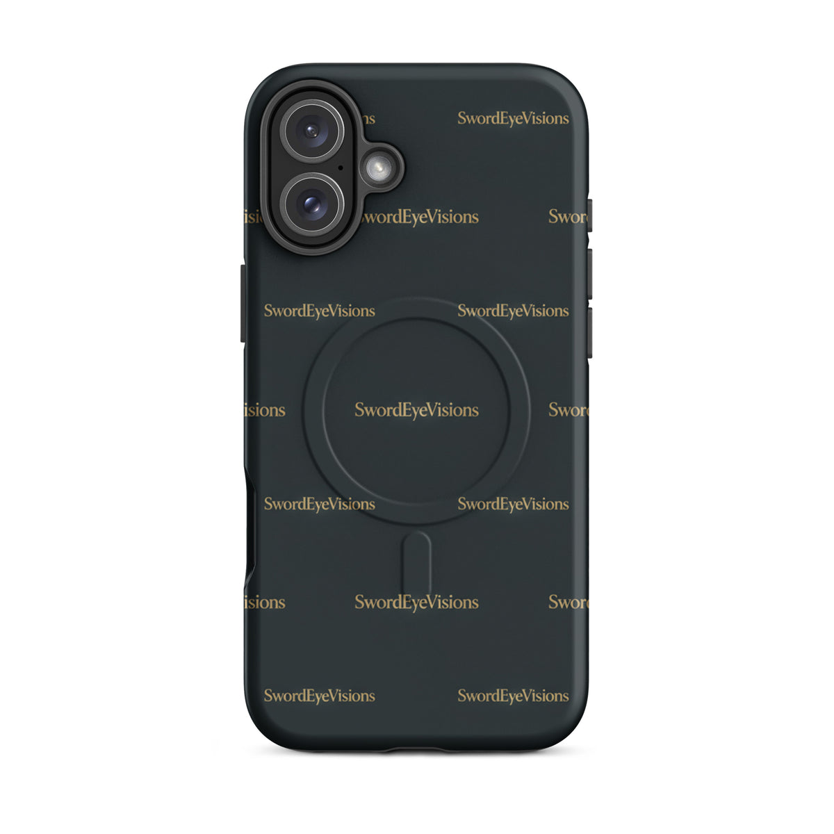 SEV Signature Pattern MagSafe Tough Case in Noir Graphite Gold, matte iPhone 16 Plus, back view showing camera opening