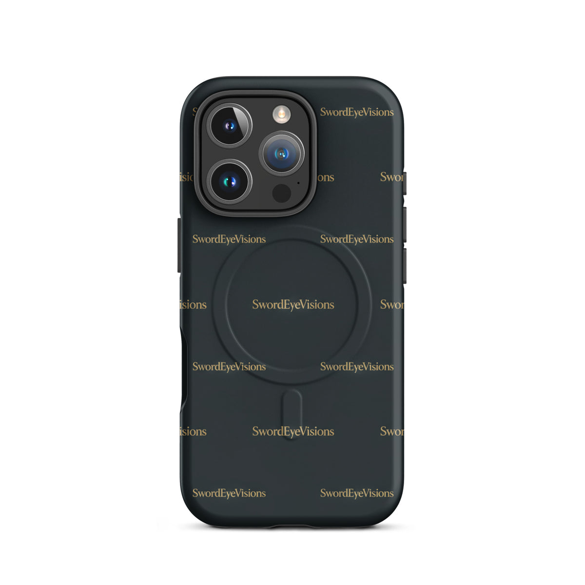 SEV Signature Pattern MagSafe Tough Case in Noir Graphite Gold, matte iPhone 16 Pro, back view showing camera opening