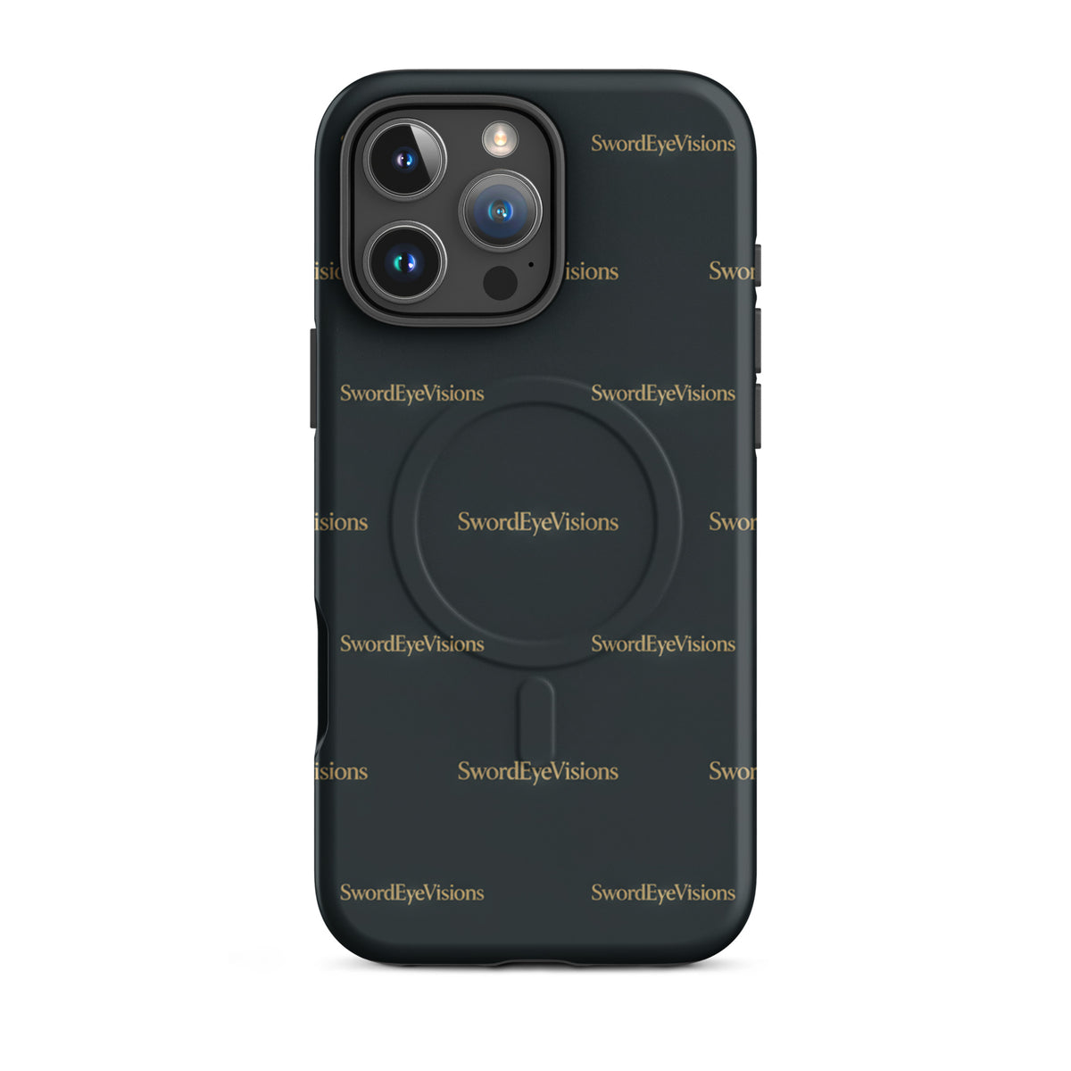 SEV Signature Pattern MagSafe Tough Case in Noir Graphite Gold, matte iPhone 16 Pro Max, back view showing camera opening
