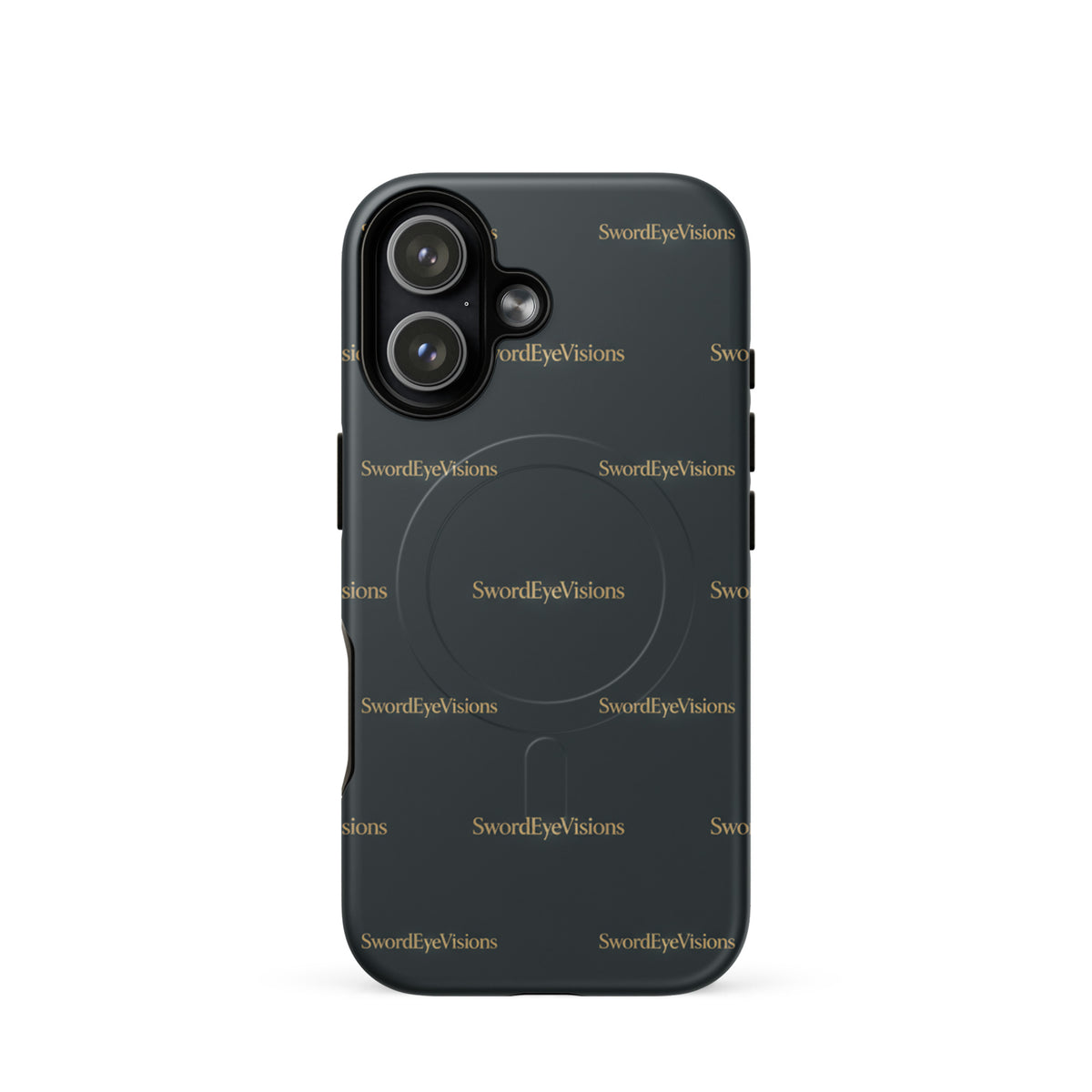 SEV Signature Pattern MagSafe Tough Case in Noir Graphite Gold, matte iPhone 17, back view showing camera opening