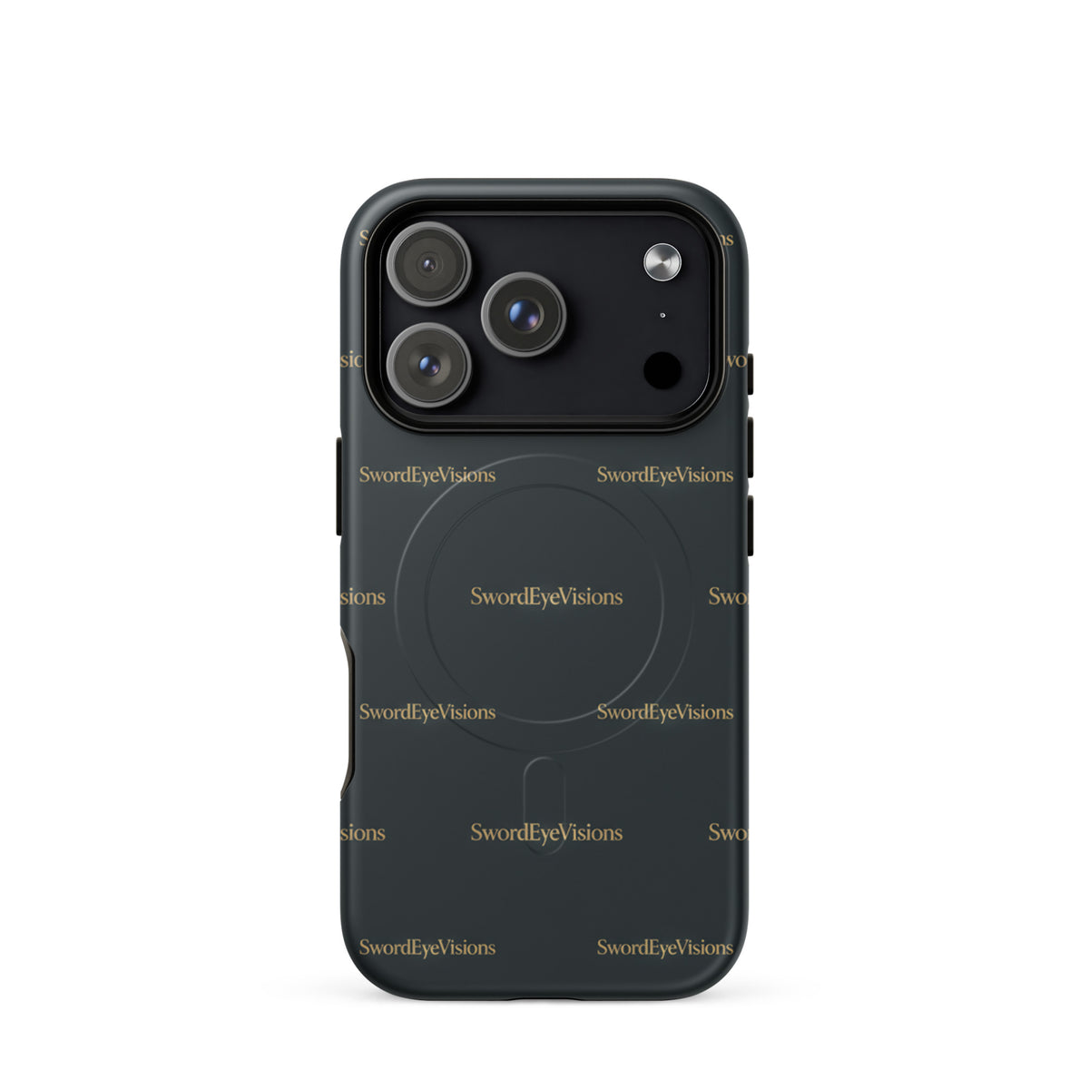 SEV Signature Pattern MagSafe Tough Case in Noir Graphite Gold, matte iPhone 17 Pro, back view showing camera opening