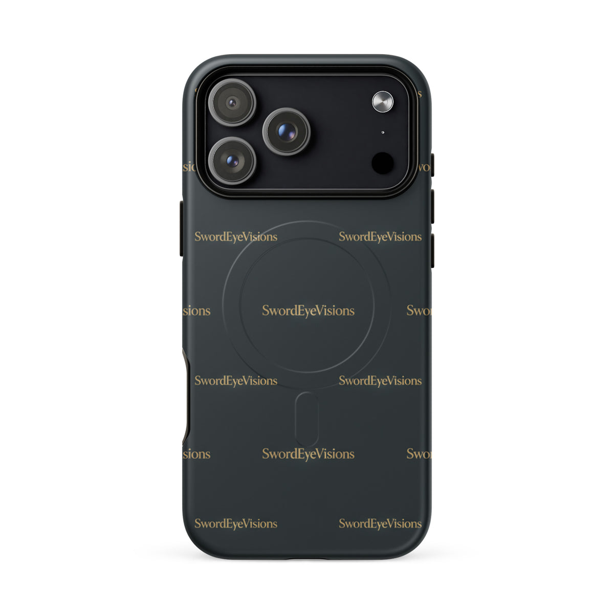 SEV Signature Pattern MagSafe Tough Case in Noir Graphite Gold, matte iPhone 18 Pro Max, back view showing camera opening