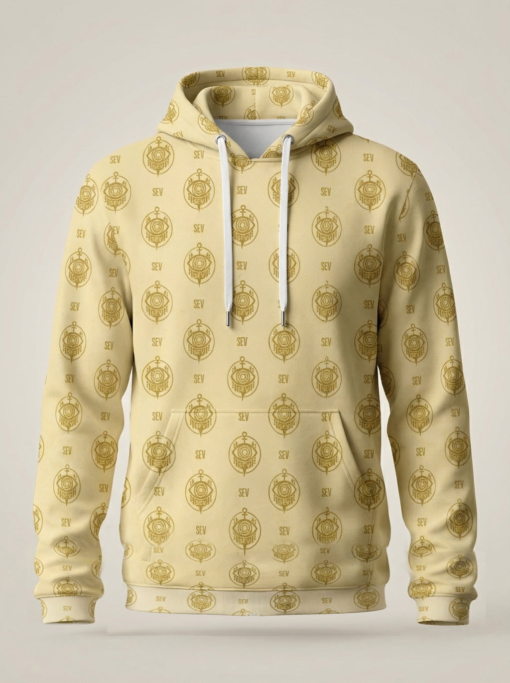 SEV GoldCream Monogram All-Over Print Recycled Unisex Hoodie — Recycled Edition — alternate view 1 of 6