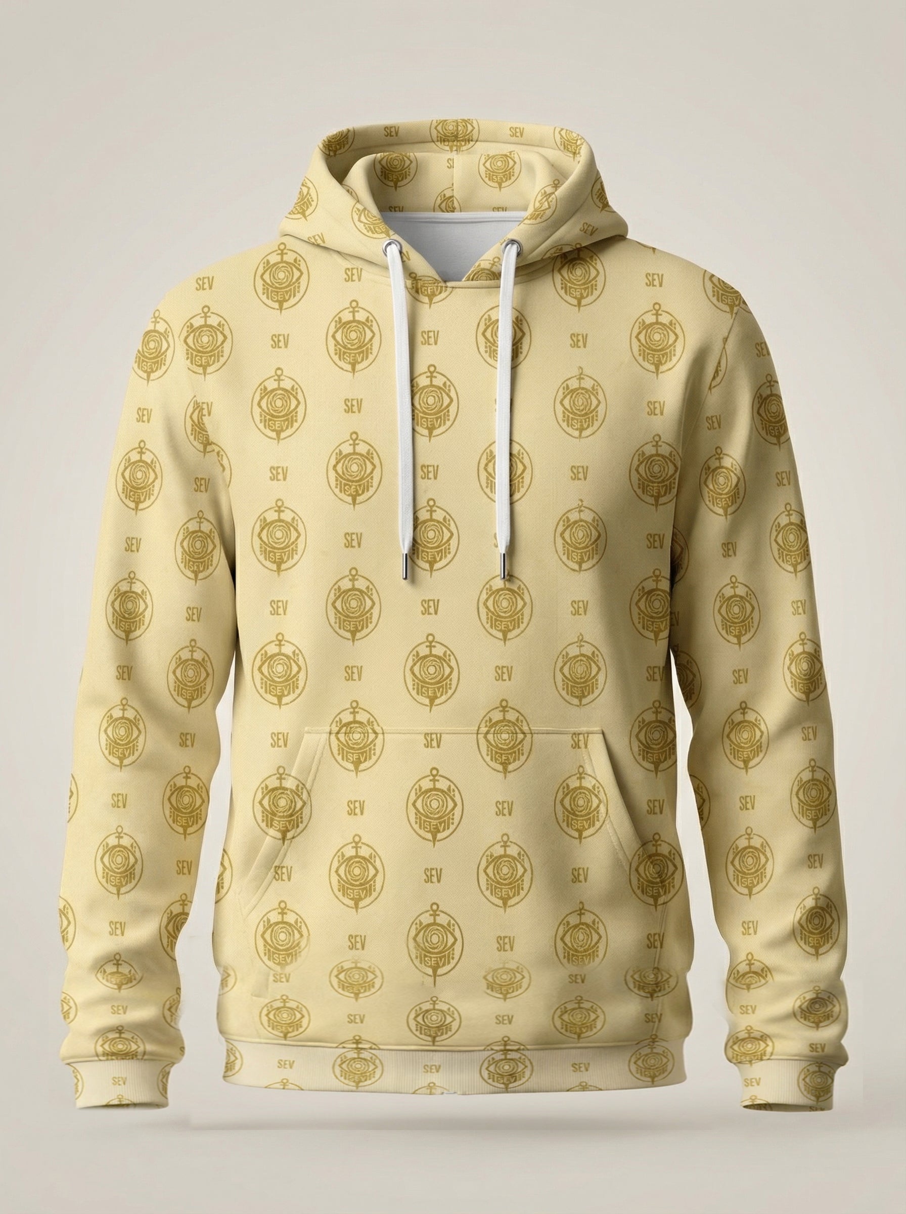 SEV GoldCream Monogram All-Over Print Recycled Unisex Hoodie — Recycled Edition — alternate view 1 of 6
