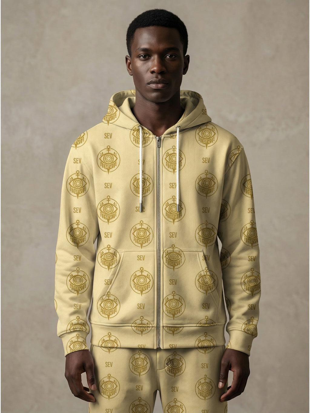 SEV GoldCream Monogram All-Over Print Recycled Unisex Zip Hoodie — Recycled Edition — alternate view 2 of 6
