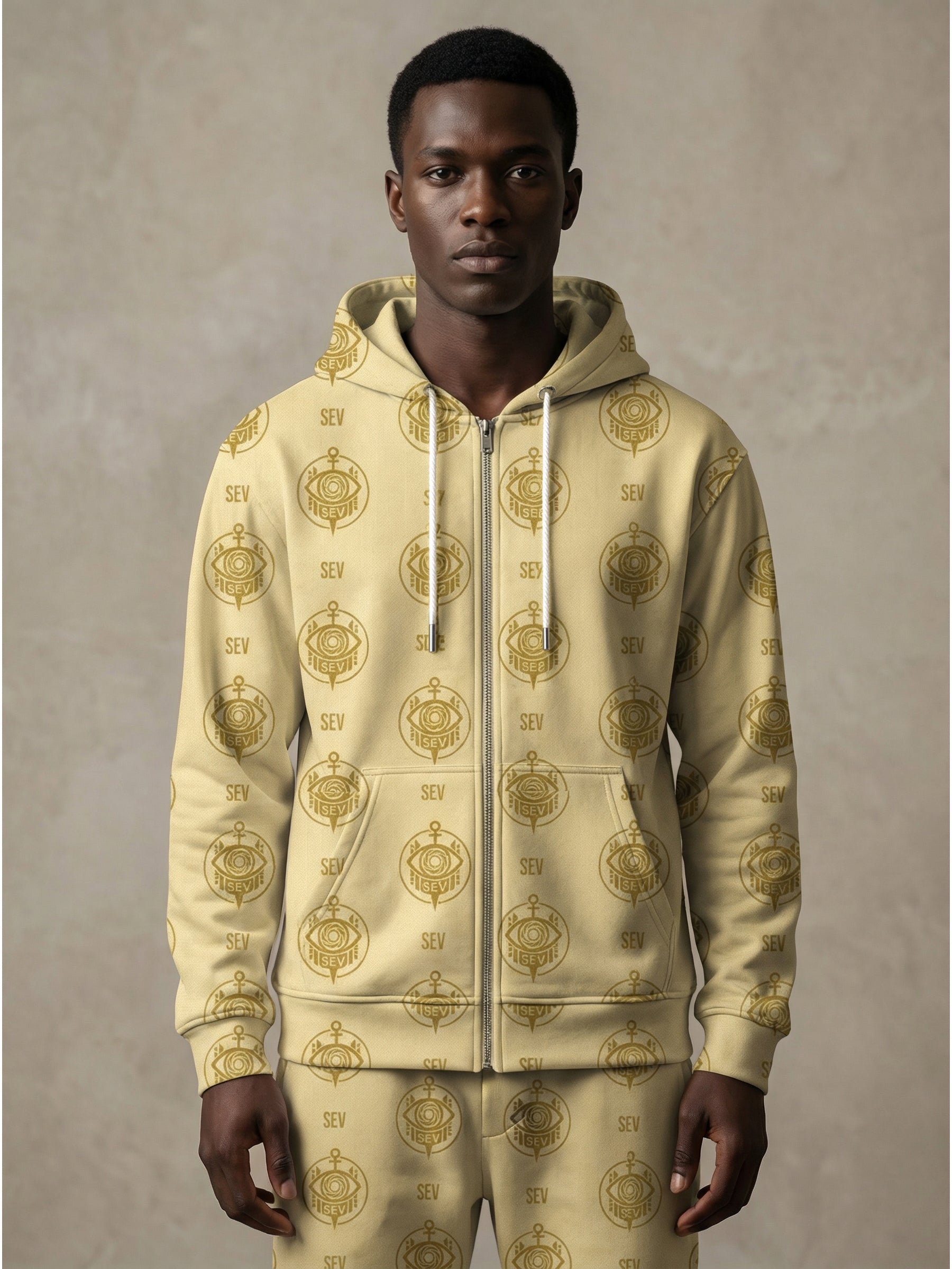 SEV GoldCream Monogram All-Over Print Recycled Unisex Zip Hoodie — Recycled Edition — alternate view 2 of 6