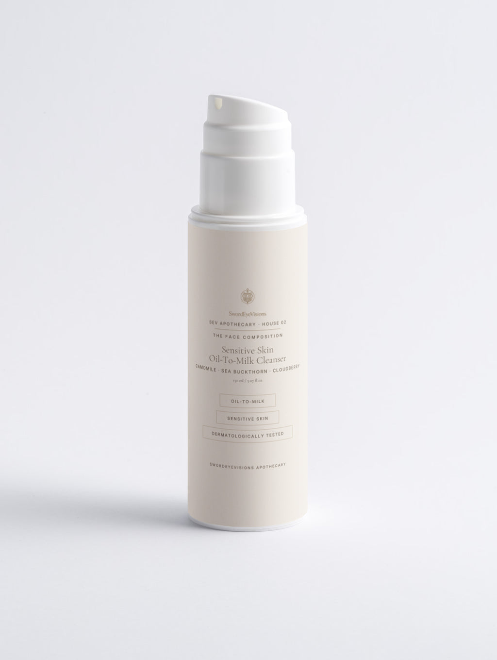 Sensitive Skin Oil-To-Milk Cleanser 150 ml pump bottle, front view with the SEV identity — SEV Apothecary, The Face Composition