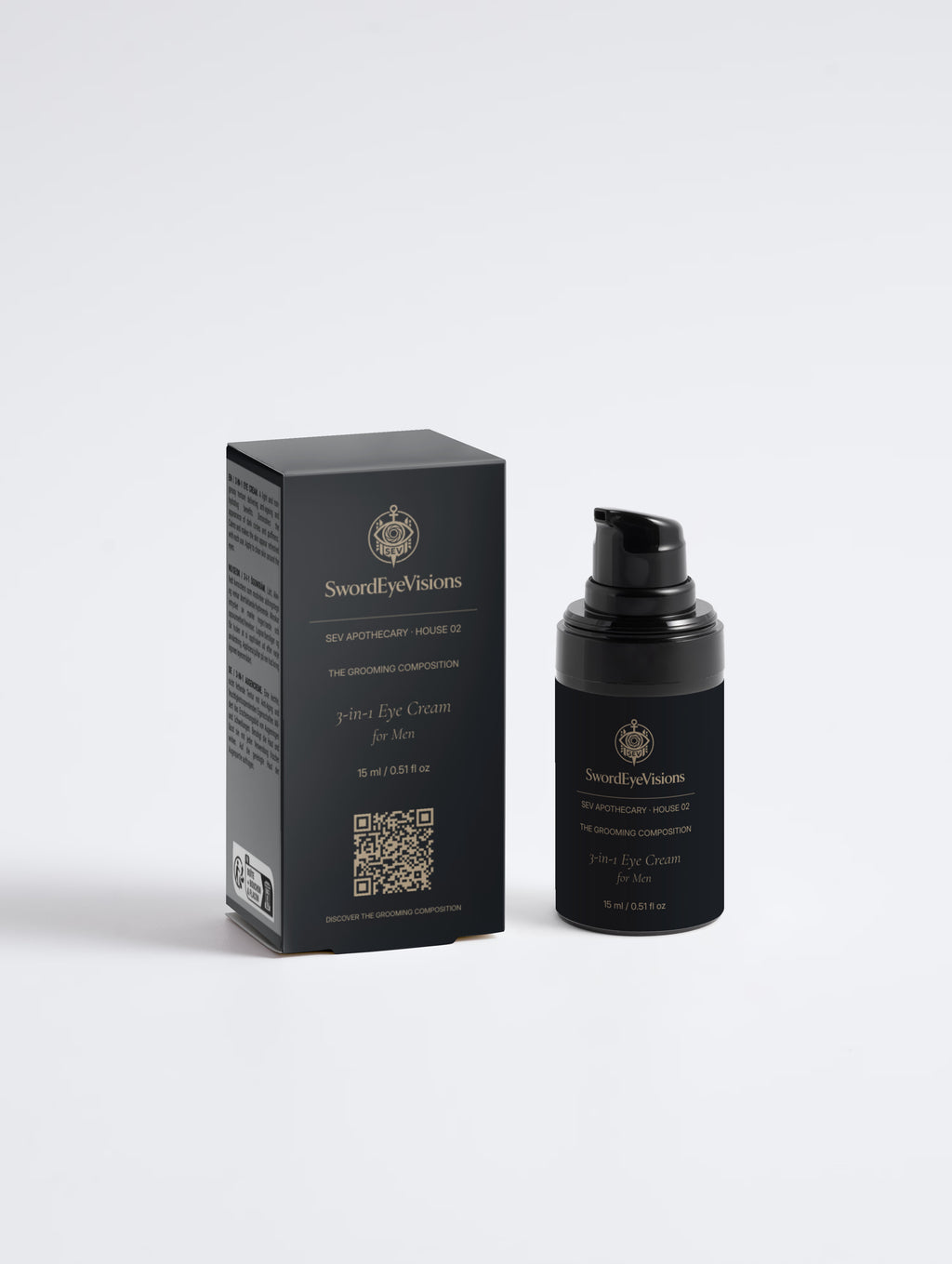 SEV Apothecary 3-in-1 Eye Cream for Men with matching Grooming Composition carton