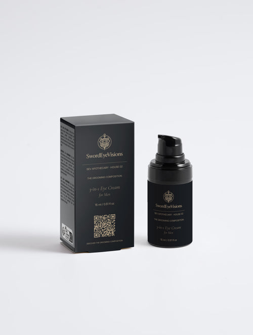 SEV Apothecary 3-in-1 Eye Cream for Men with matching Grooming Composition carton