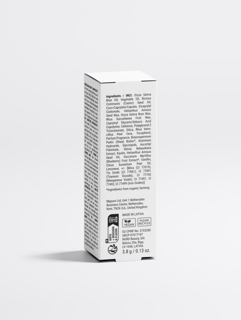 Back of the SEV Makeup Lipstick carton showing the full ingredients list, the Vegan and recycling marks, Made in Latvia and the EU and UK registration numbers.