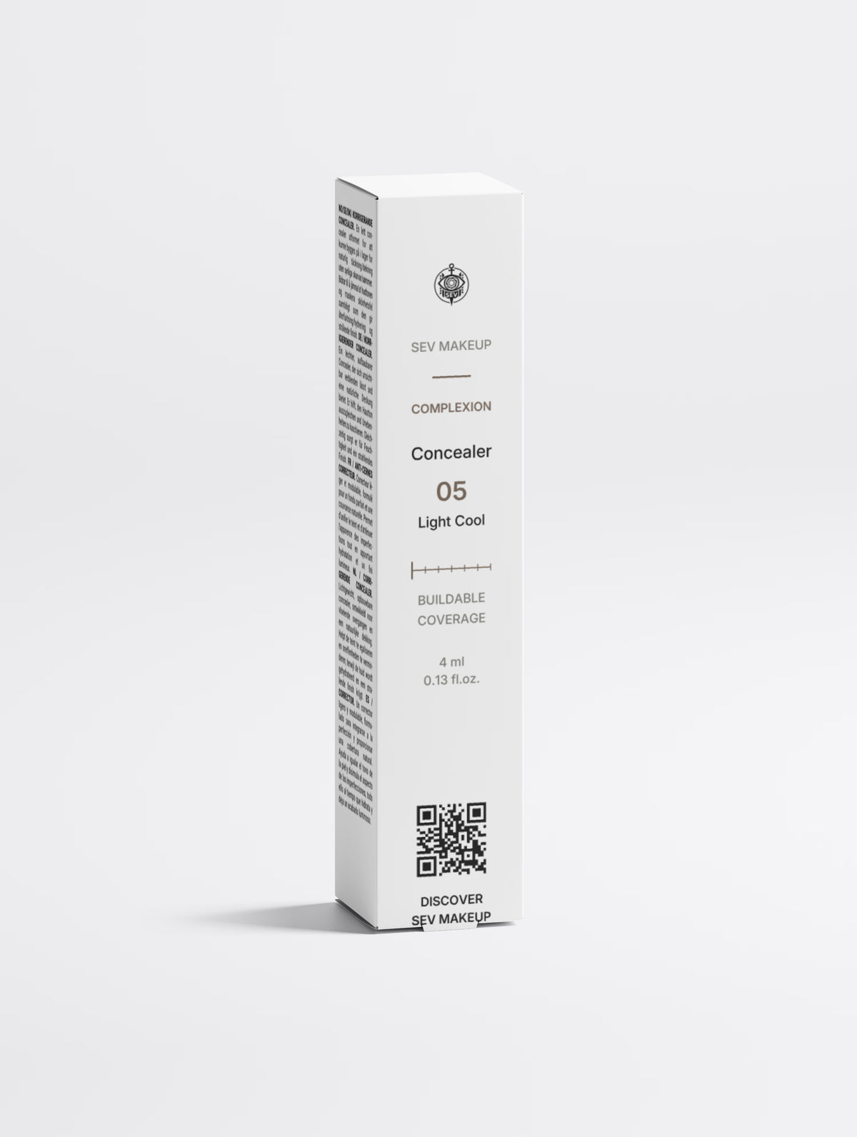 Front of the SEV Makeup Correcting Concealer carton, reading COMPLEXION, Concealer, shade 05 Light Cool, with the seven-position shade index, buildable coverage, and 4 ml / 0.13 fl.oz.