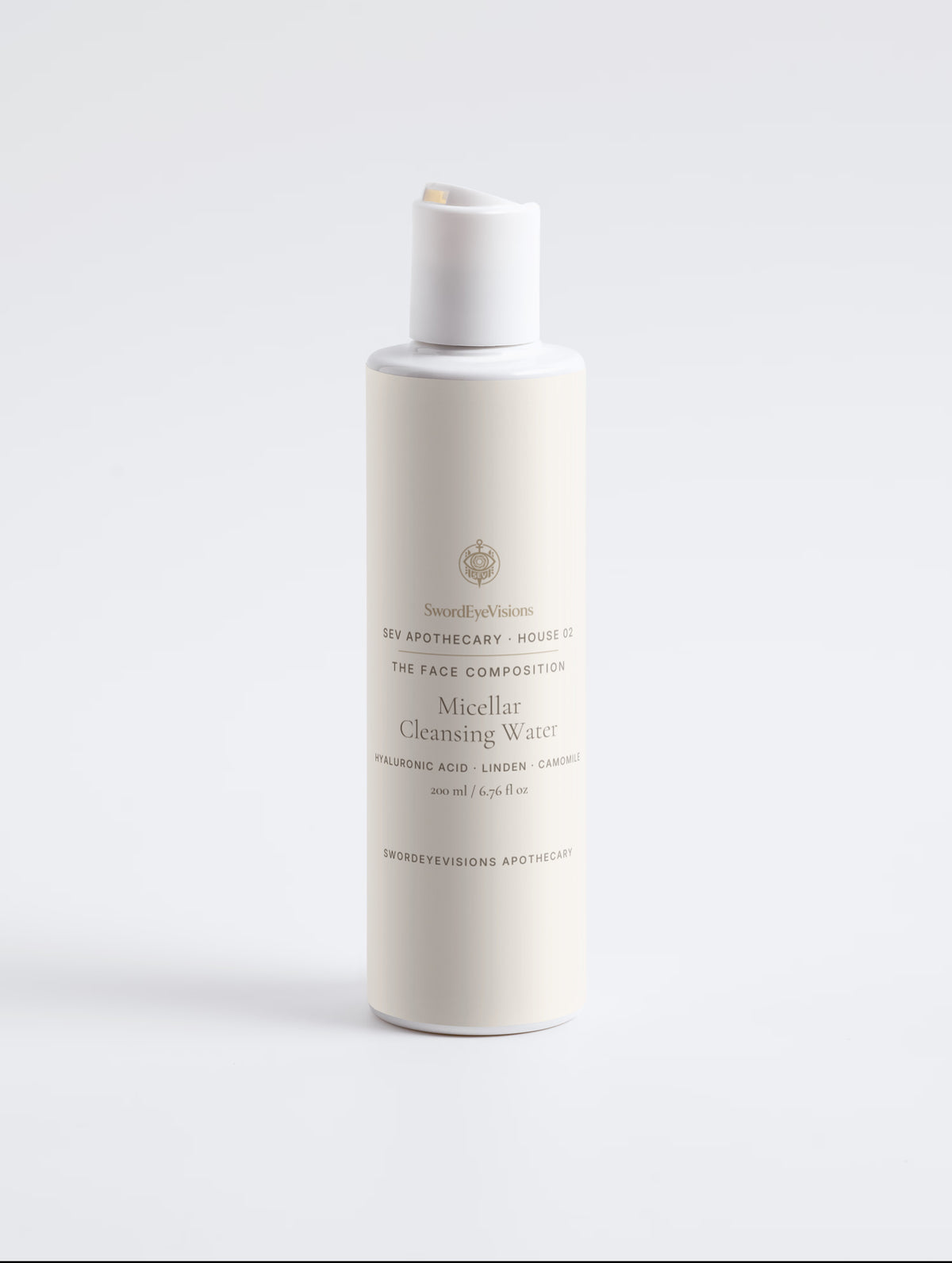 Micellar Cleansing Water — 200 ml SEV Apothecary bottle with a cream label, front view showing the SwordEyeVisions sigil above The Face Composition, on a plain studio background.
