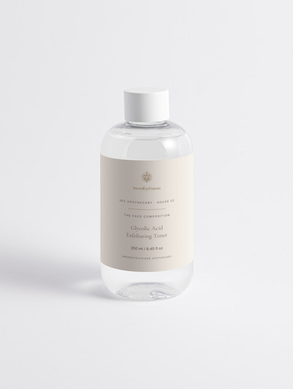 Glycolic Acid Exfoliating Toner — 250 ml SEV Apothecary bottle, The Face Composition, on a plain studio background.