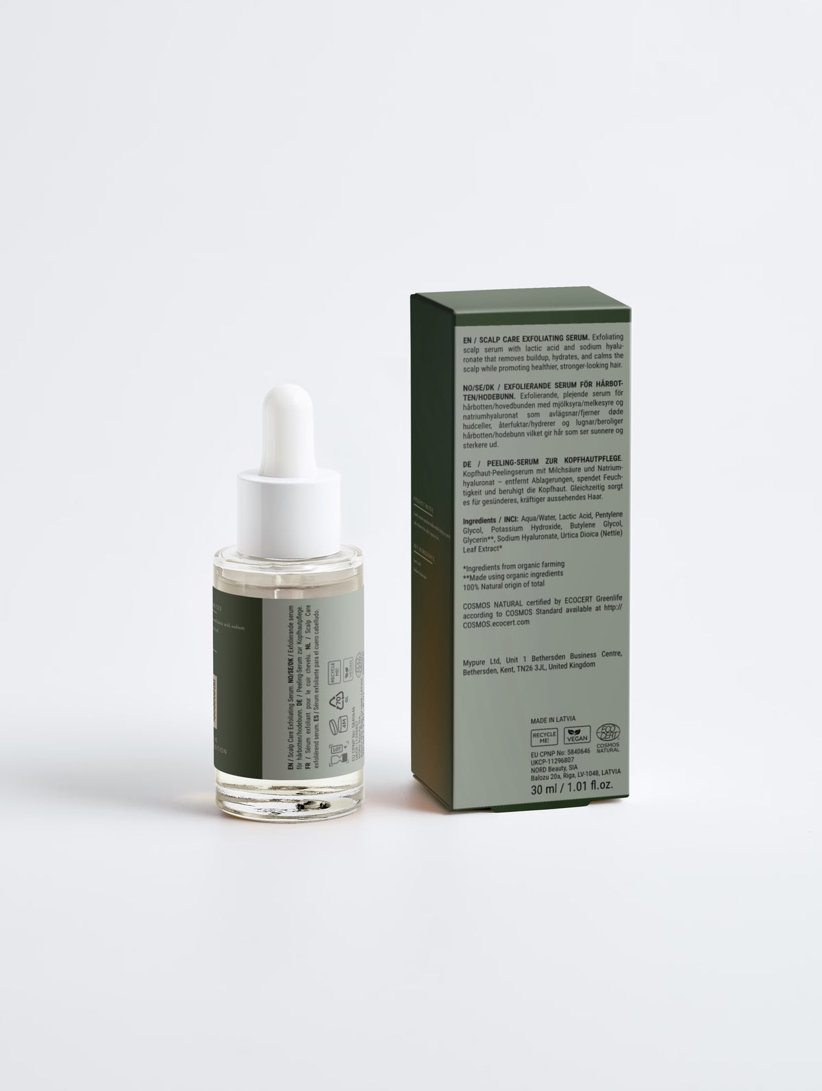 Scalp Care Exfoliating Serum — 30 ml bottle with the carton turned to show the ingredients and regulatory panel.