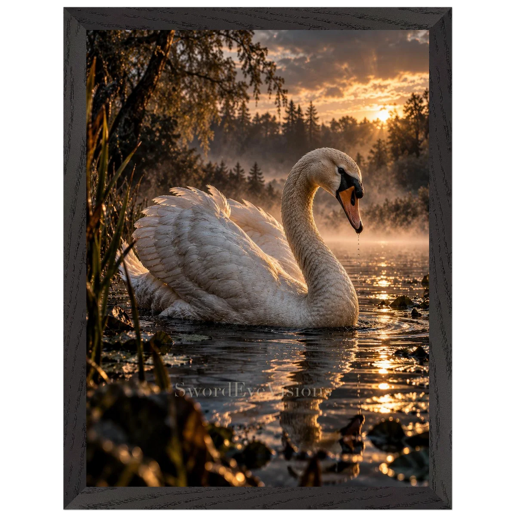 Swan in a premium black wooden frame, 30 × 40 cm — protected artwork preview
